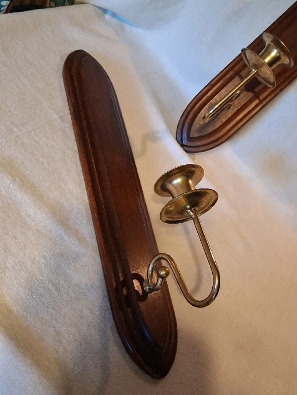 Home Interiors Brown Wooden Wall Candle Sconces with Brass Holders